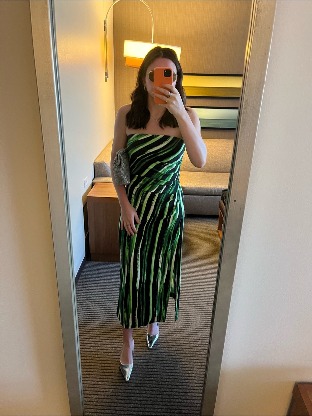 Strapless Green Printer Midi Dress
